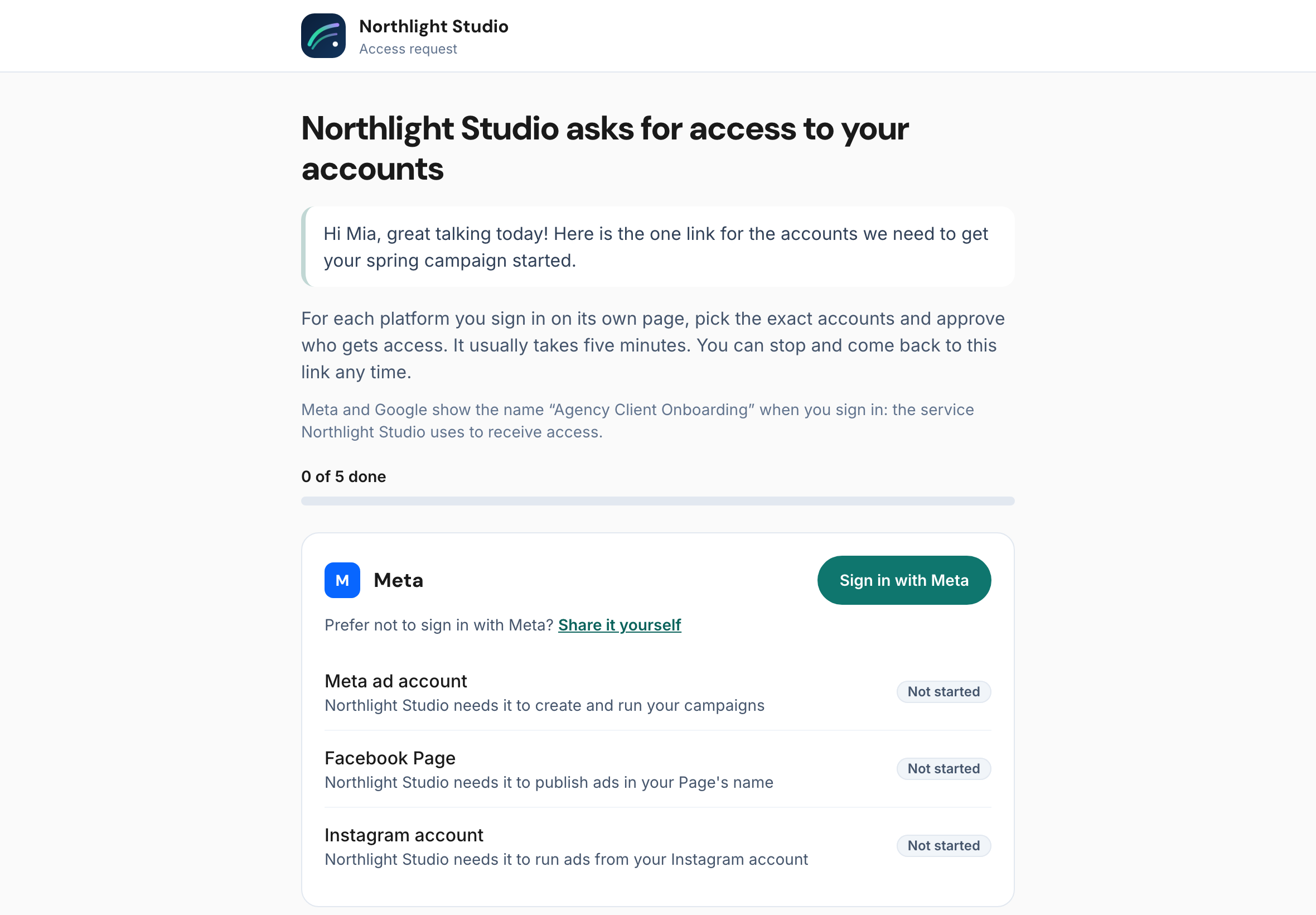 A client's access request from the demo agency Northlight Studio: its logo and name at the top, its color on the Sign in with Meta button, and the Meta accounts it asks for
