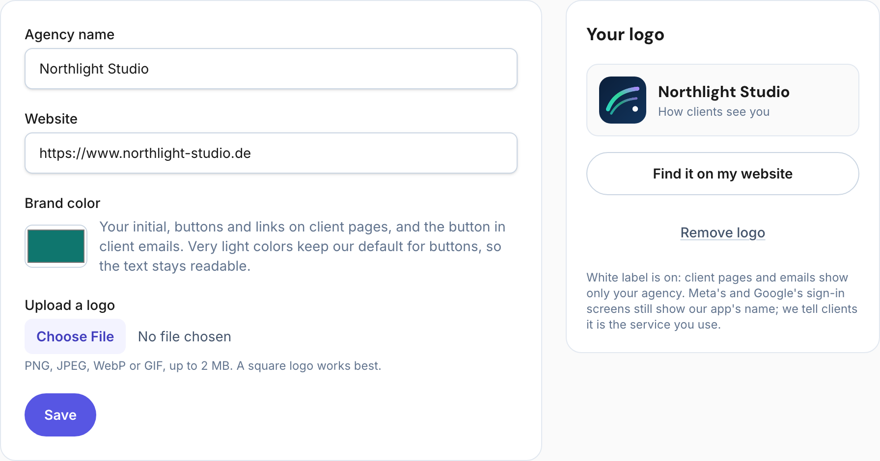 Agency settings of Northlight Studio: name, website, brand color, logo upload, and a preview of how clients see the agency